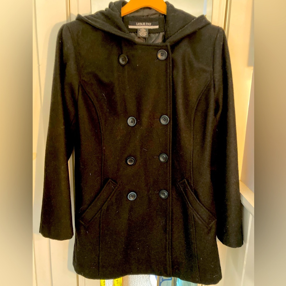 Black Peacoat style hooded coat. Leslie Fay.